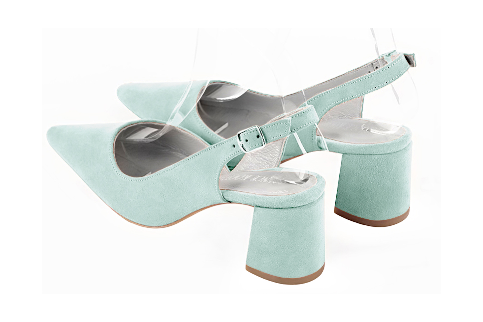 Aquamarine blue women's slingback shoes. Pointed toe. Medium flare heels. Rear view - Florence KOOIJMAN